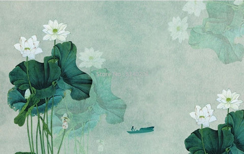 Image of Chinese-Style White Lotus Ink Painting Wallpaper Mural, Custom Sizes Available