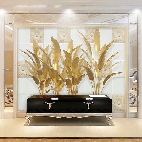 Exquisite Gold Banana Leaves Wallpaper Mural, Custom Sizes Available