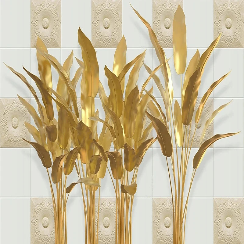 Exquisite Gold Banana Leaves Wallpaper Mural, Custom Sizes Available