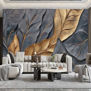 Bold Black and White Overlapping Leaves Mural Wallpaper. Custom Sizes Available