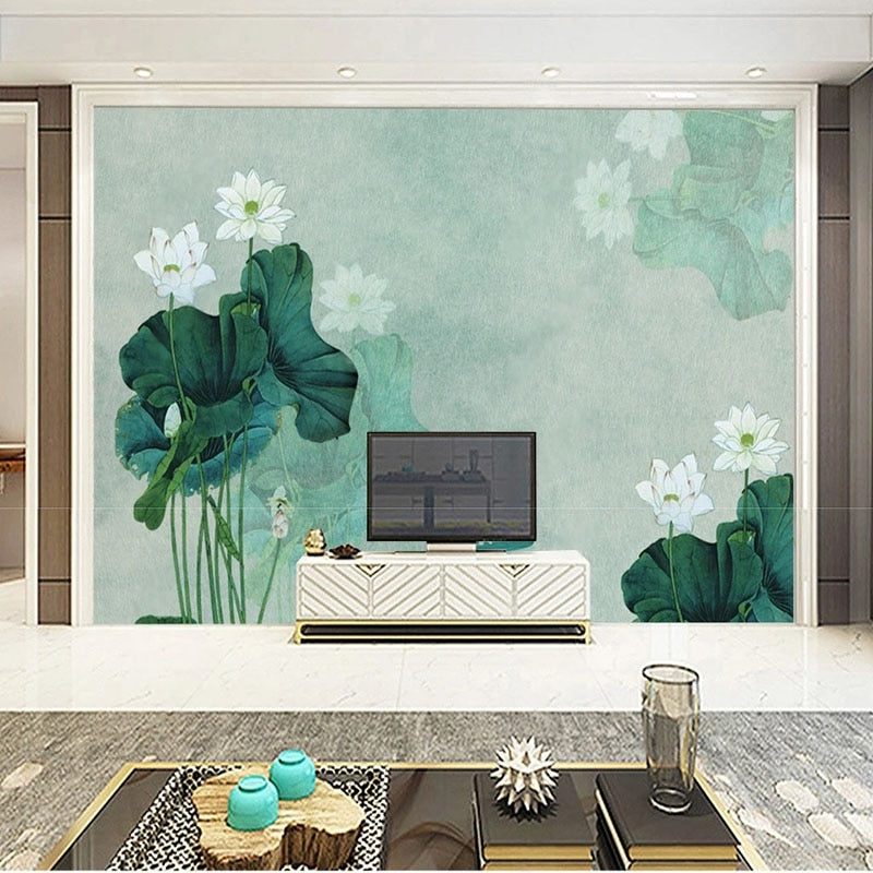 Chinese-Style White Lotus Ink Painting Wallpaper Mural, Custom Sizes Available