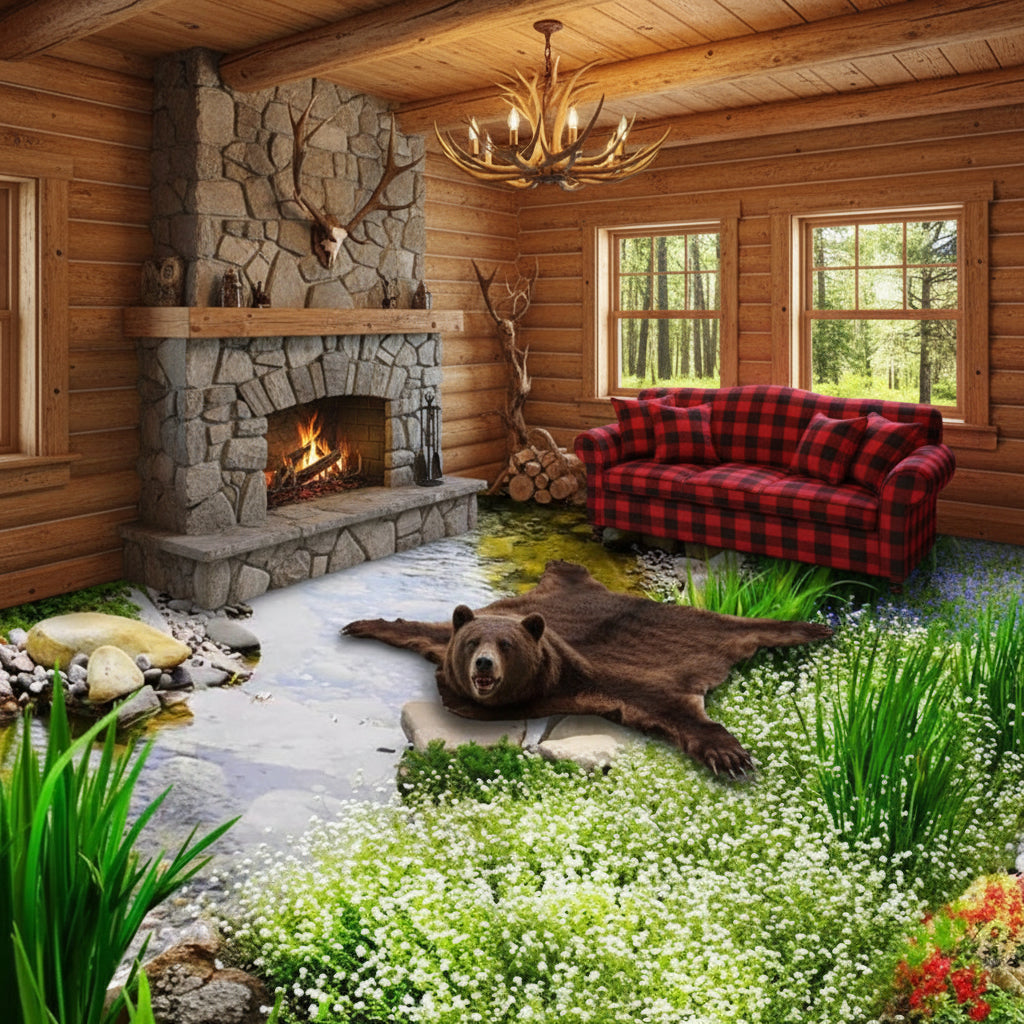 Peaceful Stream and Rock Floor Mural, Custom Sizes Available