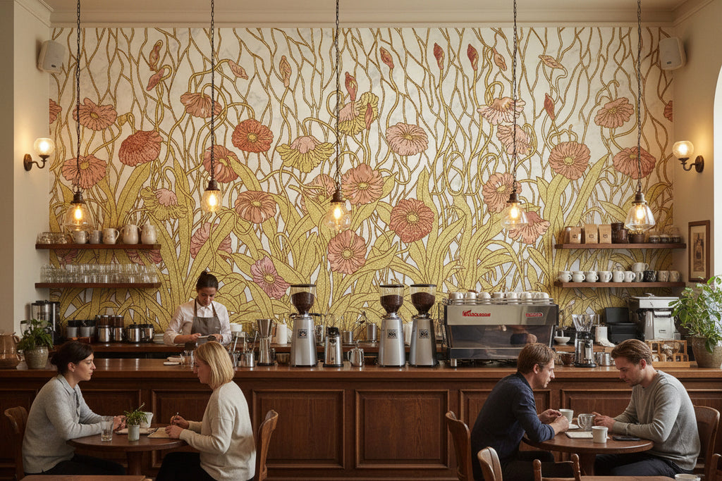 Art Nouveau Retro Flower Garden Wallpaper Mural, Custom Sizes Available