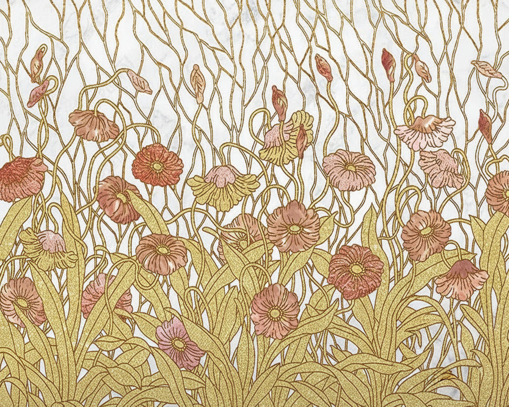 Art Nouveau Retro Flower Garden Wallpaper Mural, Custom Sizes Available