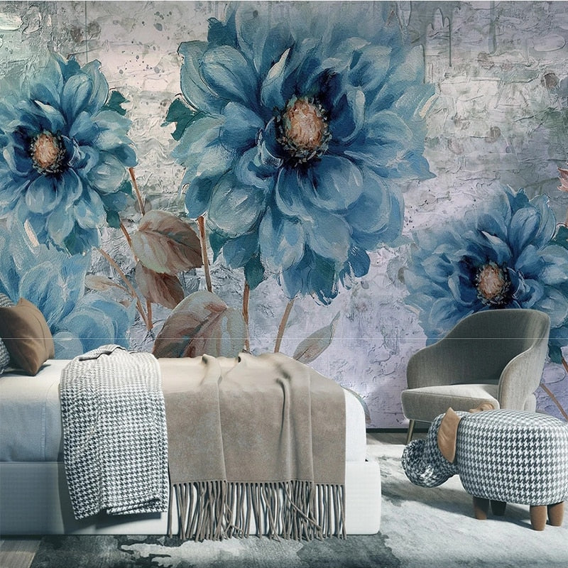 Lovely Painted Blue Dahlias Wallpaper Mural, Custom Sizes Available