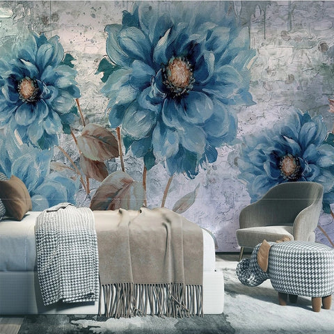 Image of Lovely Painted Blue Dahlias Wallpaper Mural, Custom Sizes Available