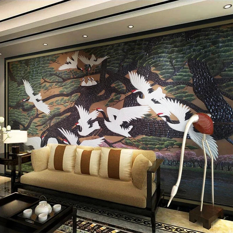 Chinese Flying Cranes Wallpaper Mural, Custom Sizes Available