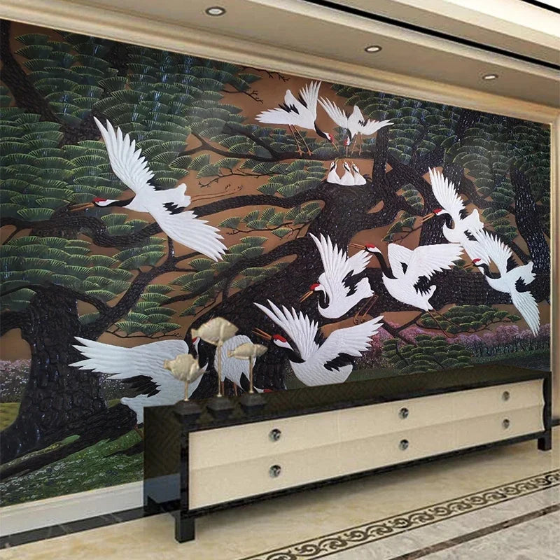 Chinese Flying Cranes Wallpaper Mural, Custom Sizes Available