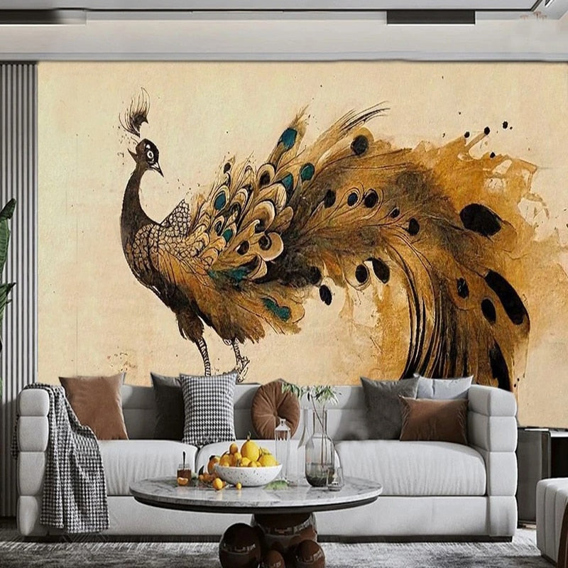Decorative Brown Peacock Watercolor Painting Wallpaper Mural, Custom Sizes Available