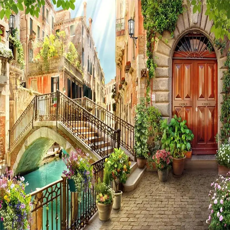Quaint Italian Doorway and Bridge Wallpaper Mural, Custom Sizes Available