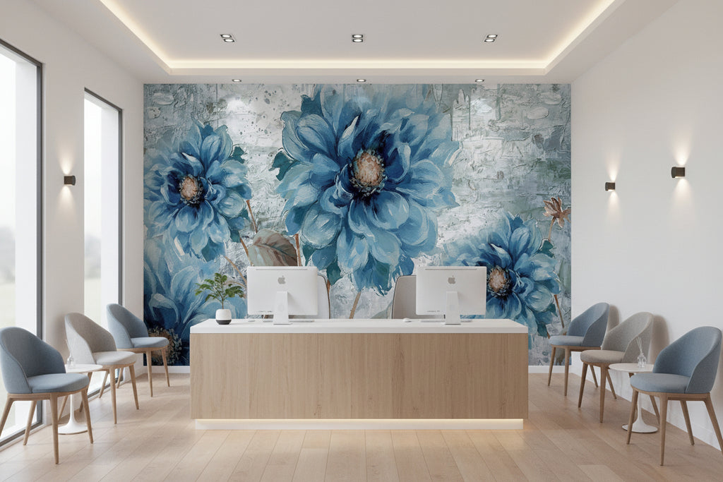 Lovely Painted Blue Dahlias Wallpaper Mural, Custom Sizes Available