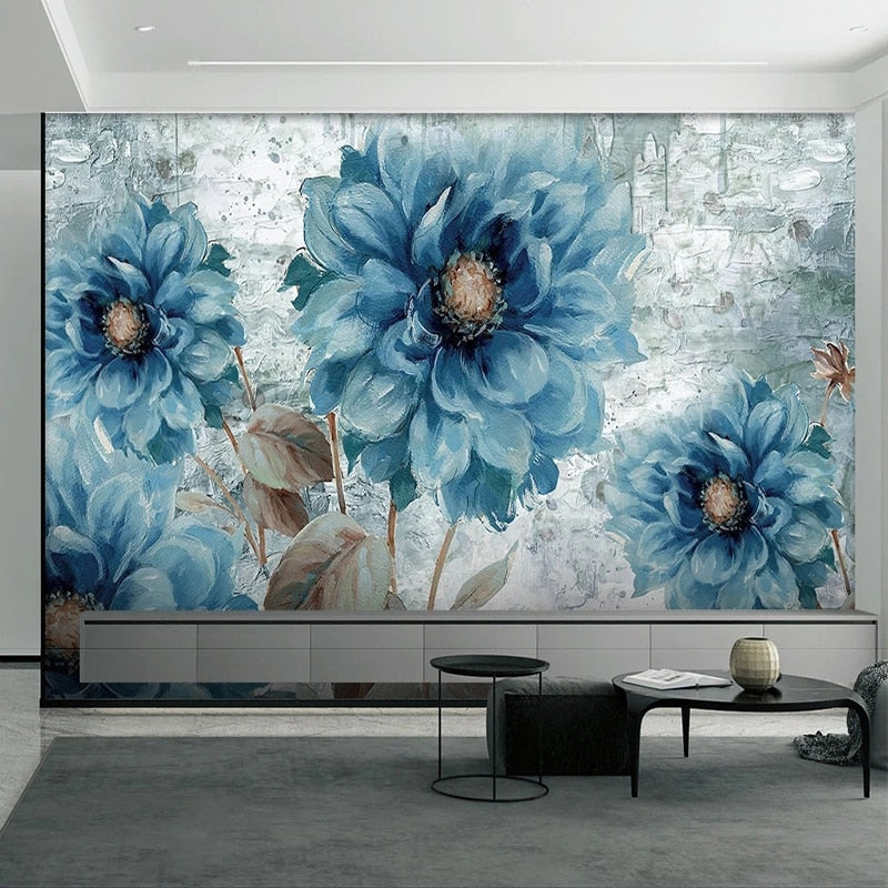 Lovely Painted Blue Dahlias Wallpaper Mural, Custom Sizes Available