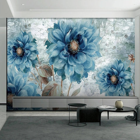Image of Lovely Painted Blue Dahlias Wallpaper Mural, Custom Sizes Available