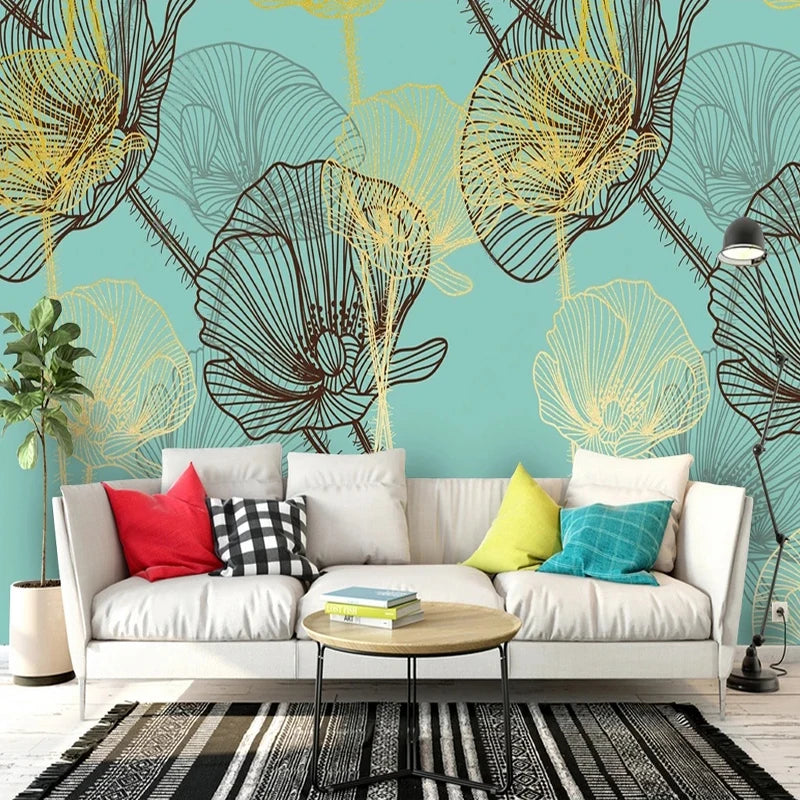 Abstract Yellow and Black Bloom Outlines  On Cyan Wallpaper Mural, Custom Sizes Available