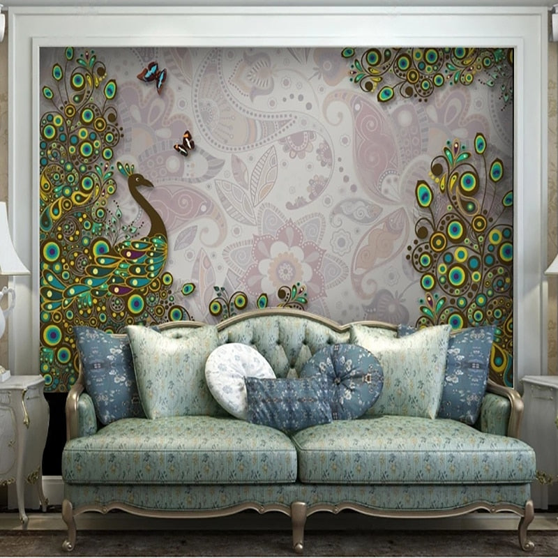 Awesome Stylised Colorful Peacock Wallpaper Mural, Custom Sizes Available