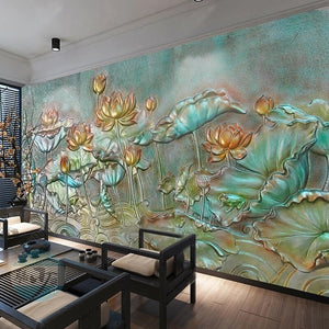 Golden Lotus 3D Raised Relief Wallpaper Mural, Custom Sizes Available