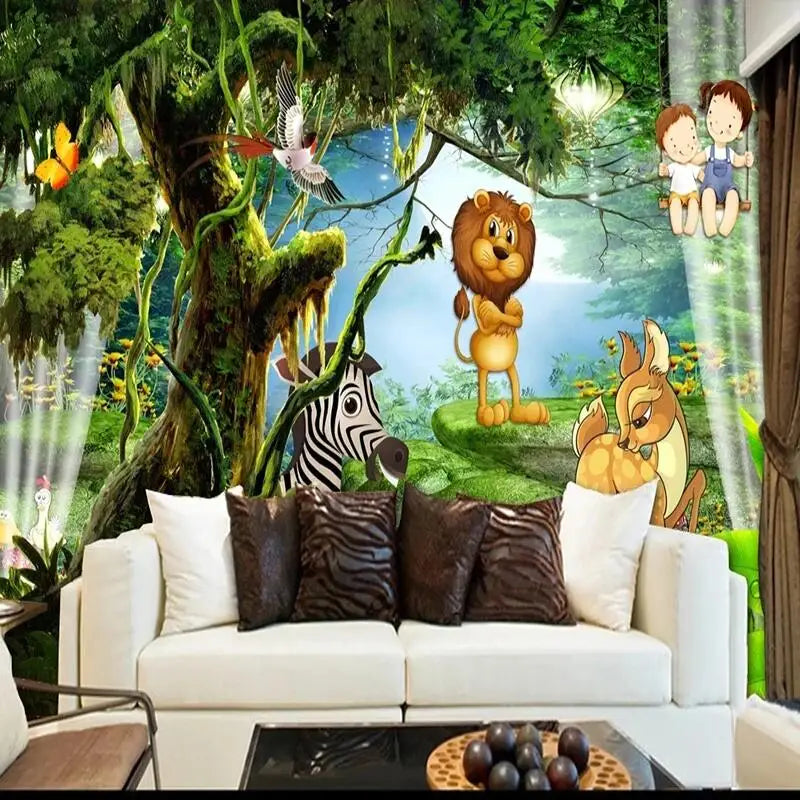 Wild Animal Cartoon Wallpaper Mural, Custom Sizes Available