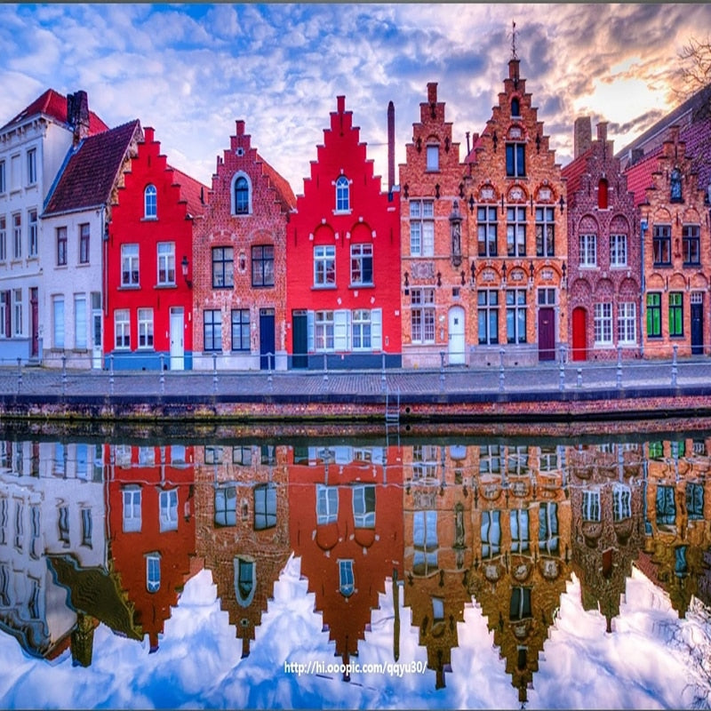 Quaint Reflection of Belgian Waterfront Row Houses Wallpaper Mural, Custom Sizes Available