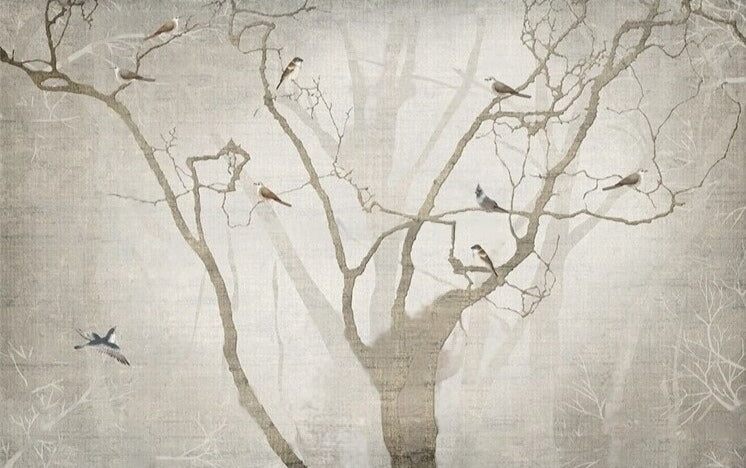 Sepia-Toned Foggy Forest and Birds Wallpaper Mural, Custom Sizes Available
