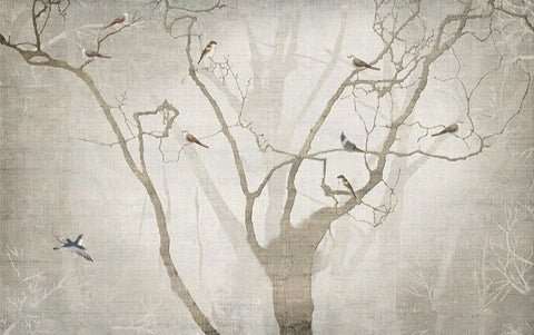 Image of Mural de papel pintado con árboles y pájaros neblinosos, tamaños personalizados disponibles