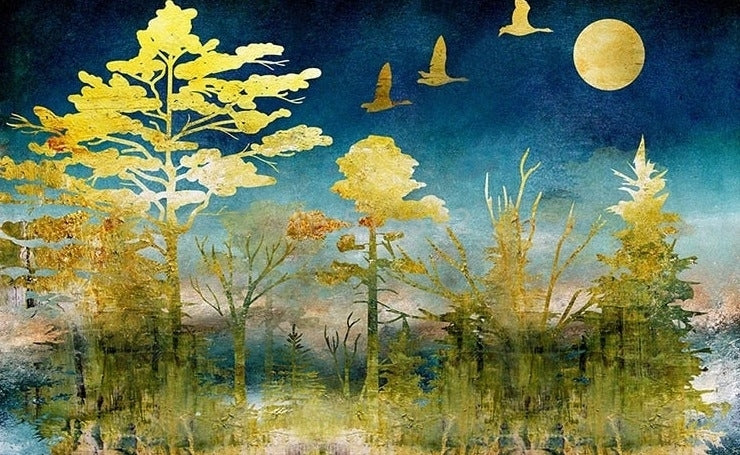 Enchanting Moonlit Golden Forest Wallpaper Mural, Custom Sizes Available