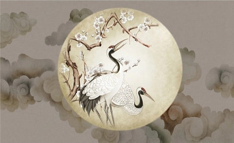 Image of Mural de papel pintado retro de grúa y luna de estilo chino, tamaños personalizados disponibles