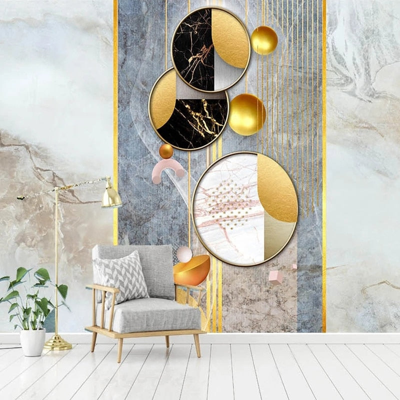 Abstract Geometric Shapes in Gold, Gray and White Wallpaper Mural, Custom Sizes Available