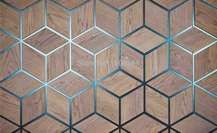 Mural Geométrico Abstracto con Granos de Madera y Cuadrícula Azul, Tamaños Personalizados Disponibles