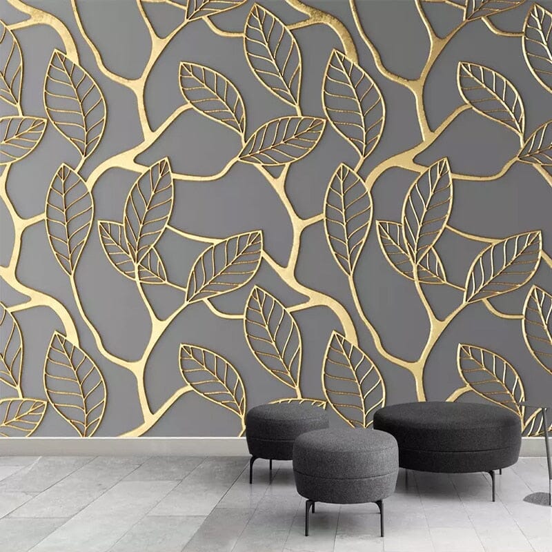 Abstract Golden Tree Leaves Wallpaper Mural, Custom Sizes Available