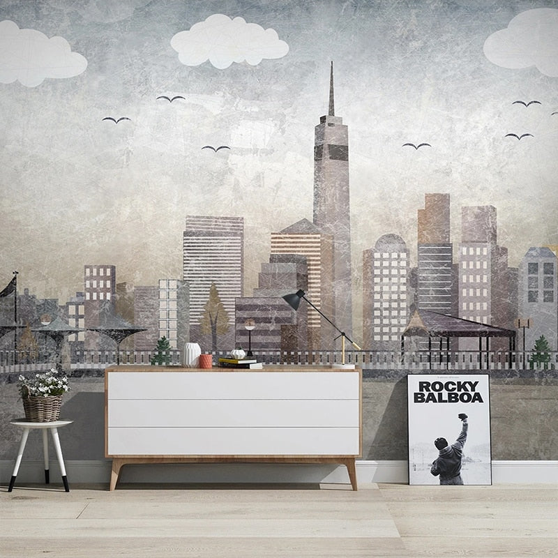 Abstract Retro City Scape Wallpaper Mural, Custom Sizes Available