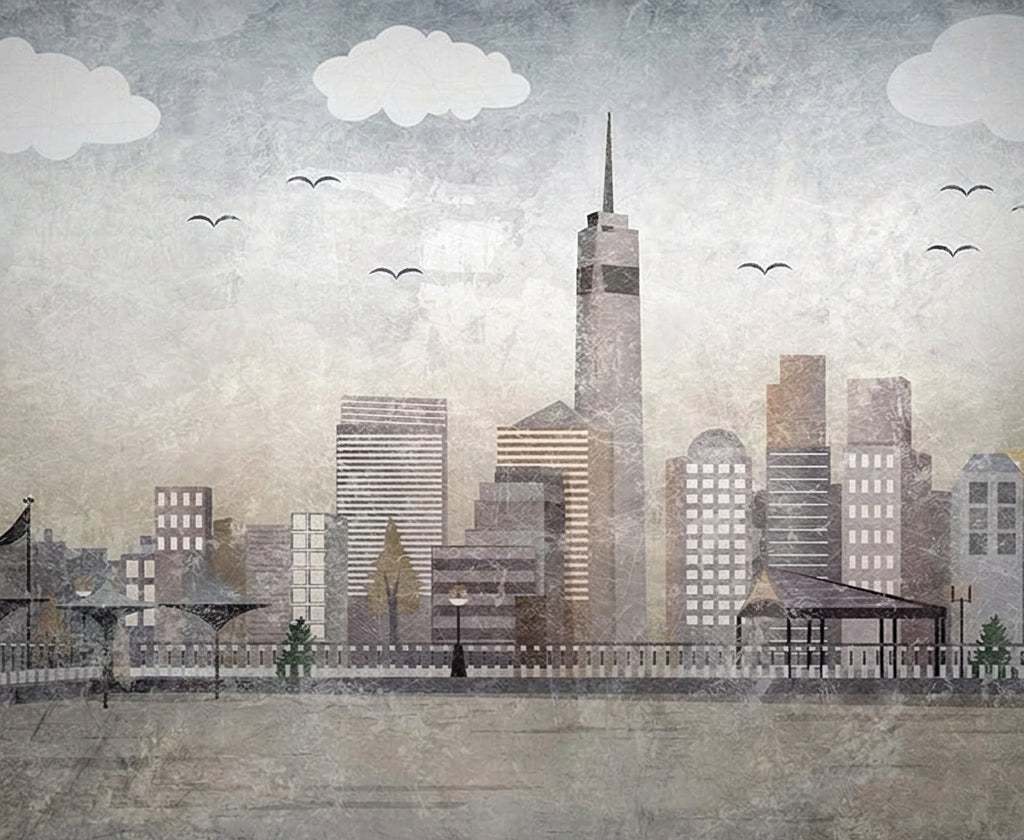 Abstract Retro City Scape Wallpaper Mural, Custom Sizes Available
