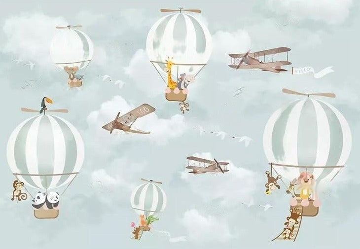 Cartoon Balloons And Planes Kid's Wallpaper Mural, Custom Sizes Available