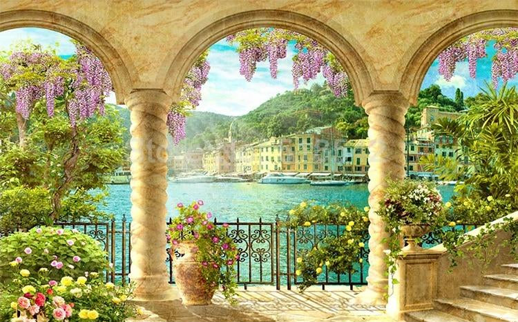 Arched Balcony Overlooking Water Wallpaper Mural, Custom Sizes Available