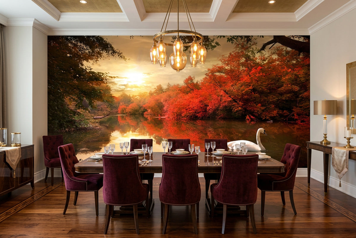 Autumn Dusk on Swan Lake Wallpaper Mural, Custom Sizes Available