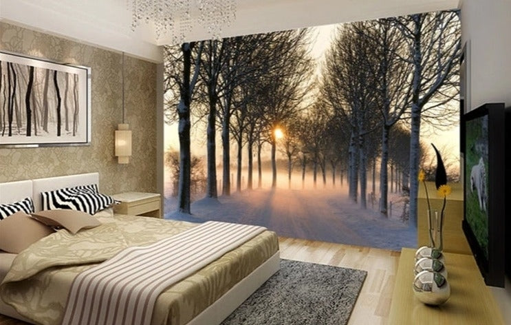 Papel pintado autoadhesivo de carretera con niebla matutina, tamaños personalizados disponibles