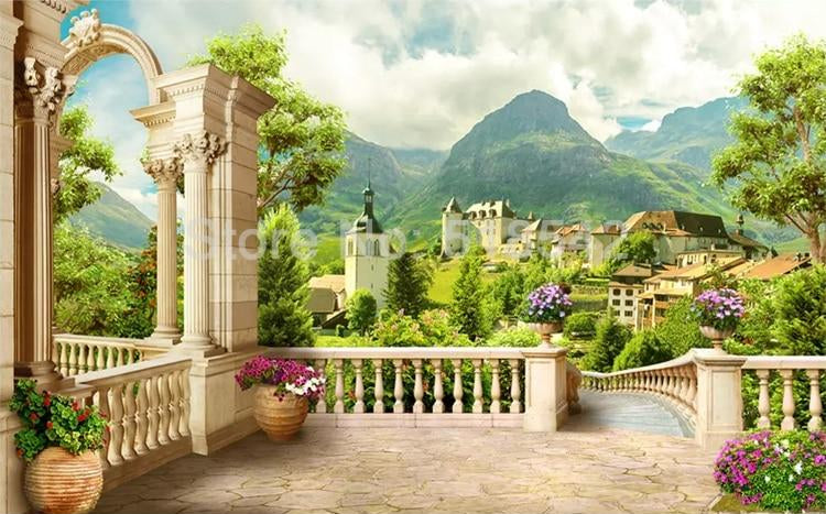 Balcony Overlooking Village Wallpaper Mural, Custom Sizes Available