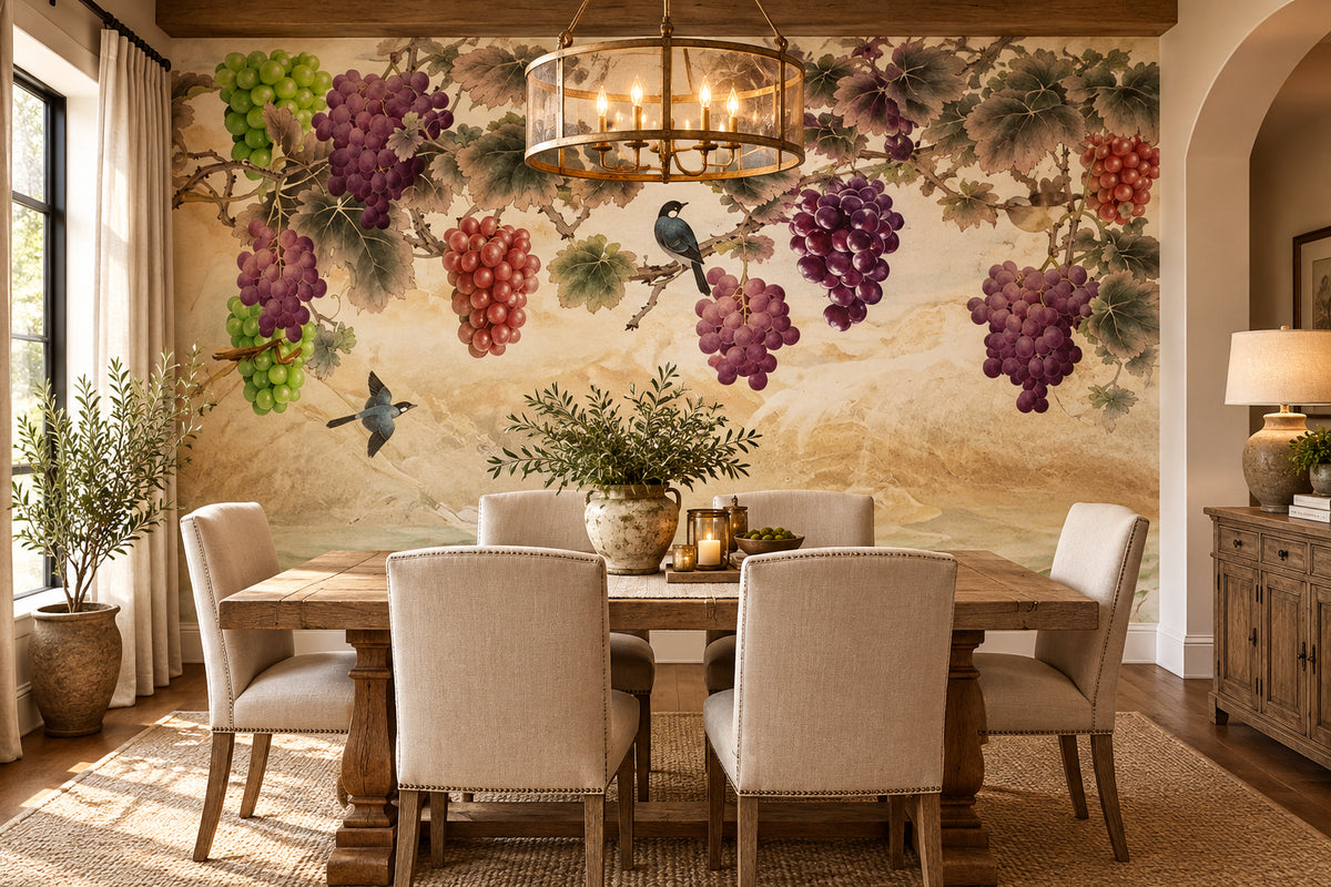 Hand Painted Purple and Red Grapes Wallpaper Mural, Custom Sizes Available