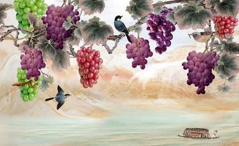 Image of Mural pintado a mano con uvas moradas y rojas, tamaños personalizados disponibles