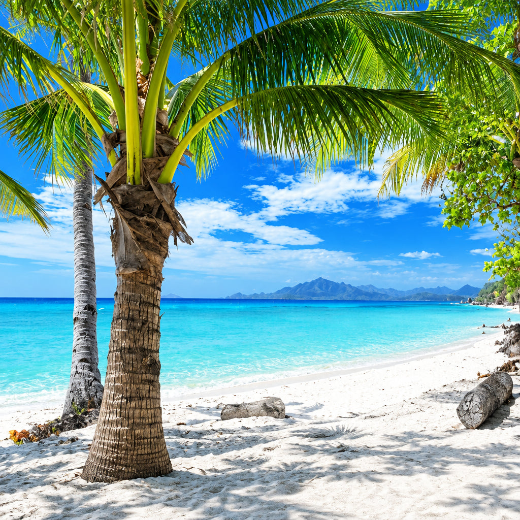 Beach With Coconut Trees Seascape Wallpaper Mural, Custom Sizes Available