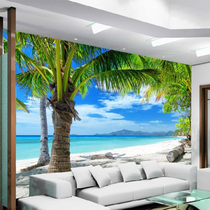 Beach With Coconut Trees Seascape Wallpaper Mural, Custom Sizes Available