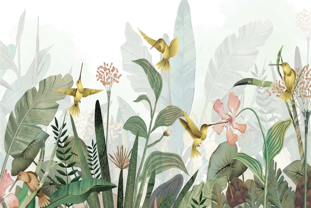 Beautiful Hummingbirds and Flowers Painting Wallpaper Mural, Custom Sizes Available