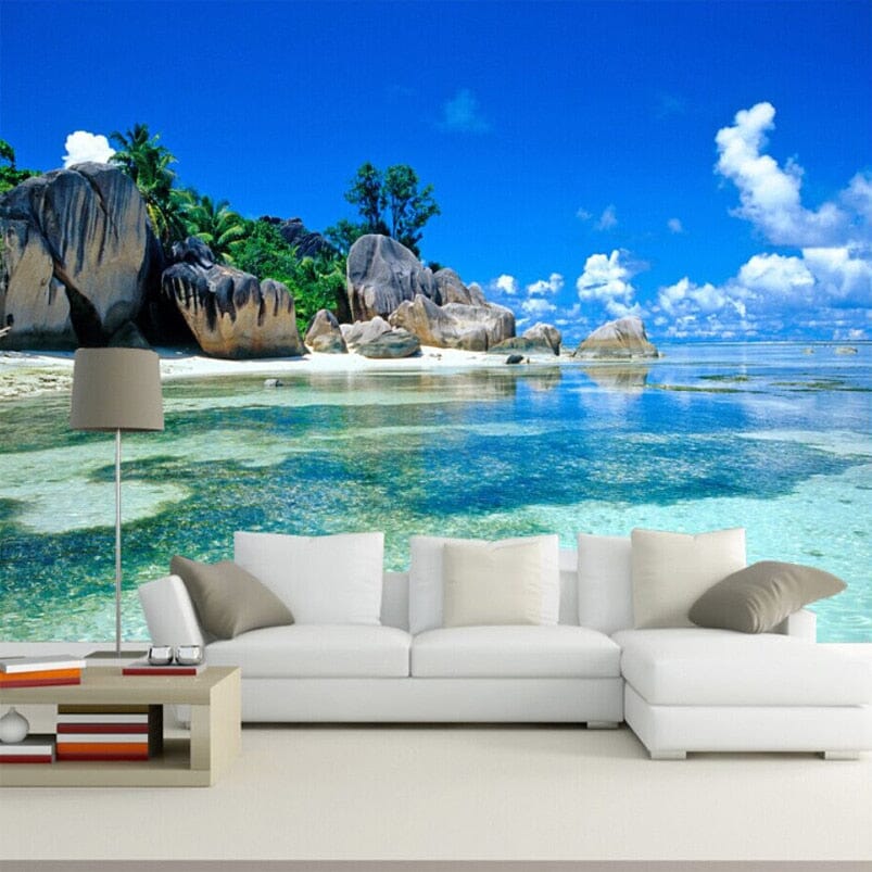 Beautiful Lagoon and Sandy Beach Wallpaper Mural, Custom Sizes Available