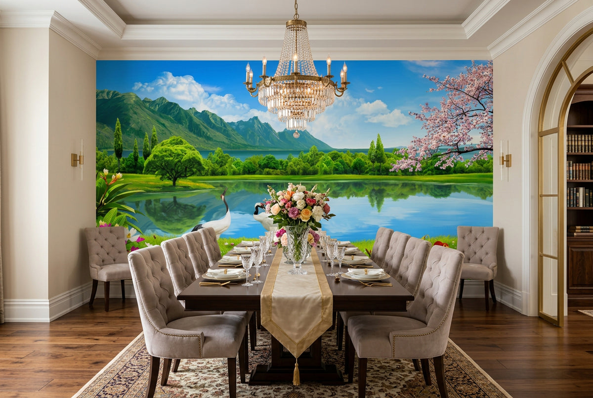 Beautiful Lake and Mountains With Egrets Wallpaper Mural, Custom Sizes Available
