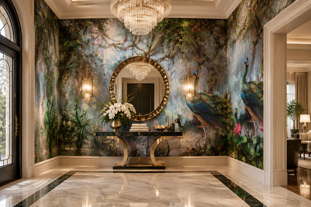 Beautiful Peacock Forest Wallpaper Mural, Custom Sizes Available