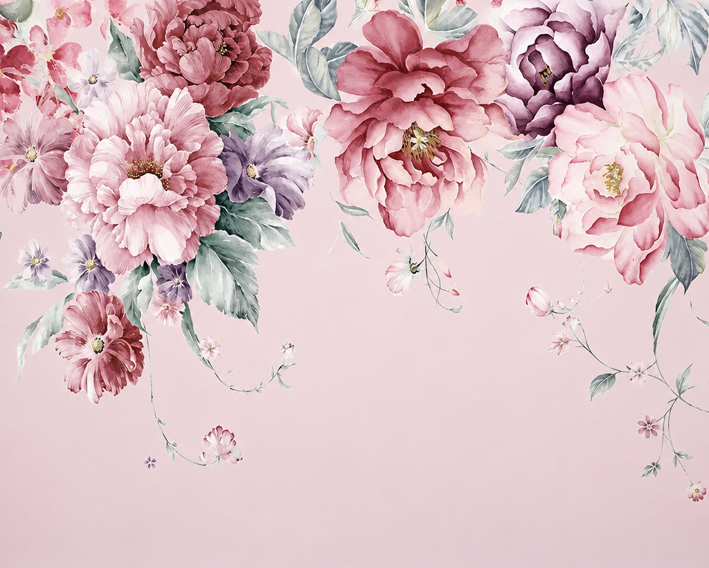 Beautiful Peonies Flowers Wallpaper Mural, Custom Sizes Available