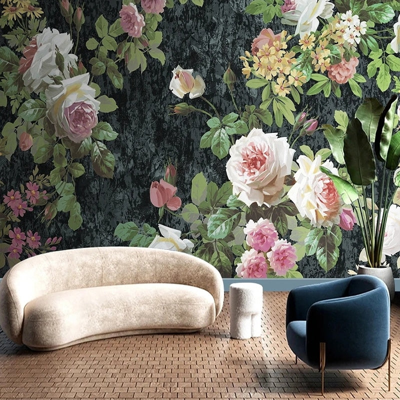 Beautiful Pink Roses Botanical Wallpaper Mural, Custom Sizes Available