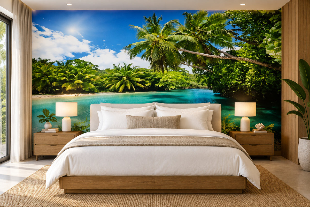 Mural Hermosa Playa Tropical Con Palmeras, Tamaños Personalizados Disponibles