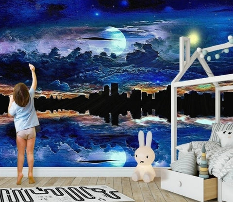 Image of Fantasy Reflection of City With Surreal Sky Wallpaper Mural, Custom Sizes Available