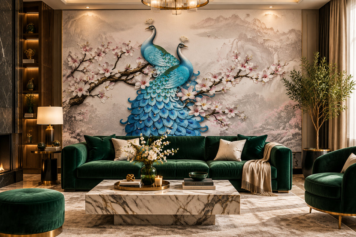 Stunning Blue Peacock on Plum Blossom Wallpaper Mural, Custom Sizes Available