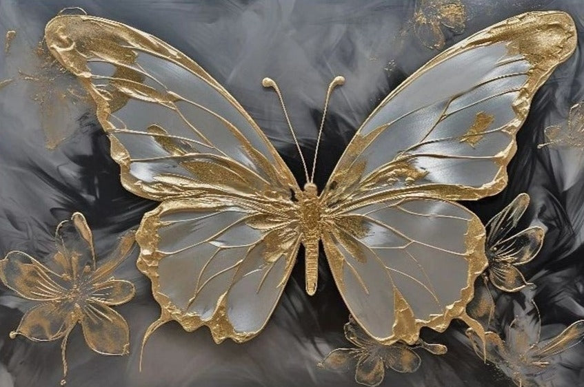 Spectacular Gold and Silk Butterfly Wallpaper Mural, Custom Sizes Available